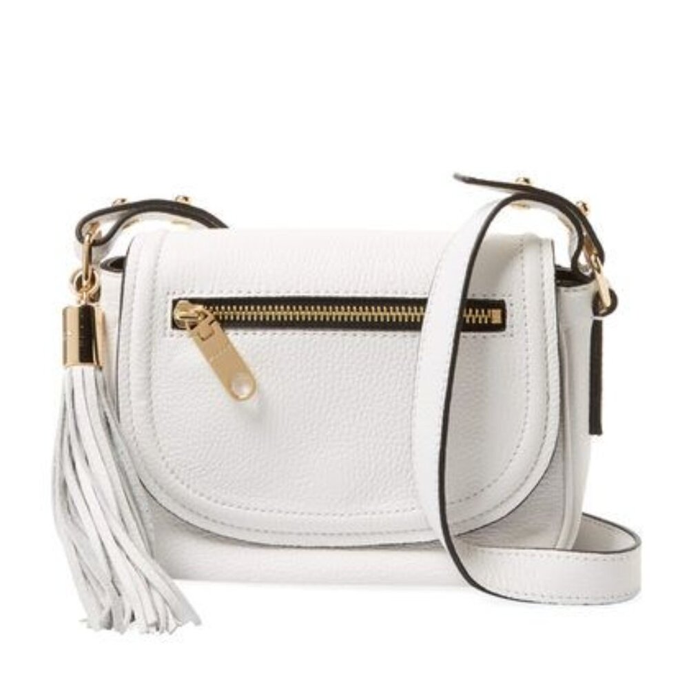 NEW Milly Astor White Pebbled Leather  Medium Tassel Flap Crossbody Saddle Bag
